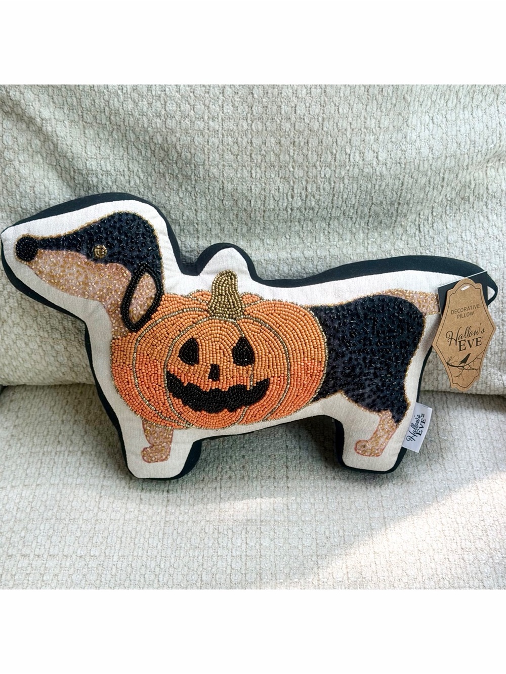 Hallow’s Eve Dachshund Beaded Pillow Jack-o-lantern Dog 18” HTF Halloween Decor